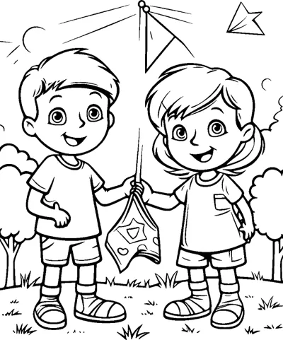 Two boys stand side by side holding the string of a small kite.
