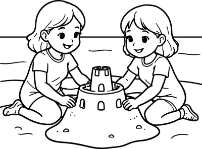 Two girls kneel on the beach and pat a round sandcastle with little windows and a tower.