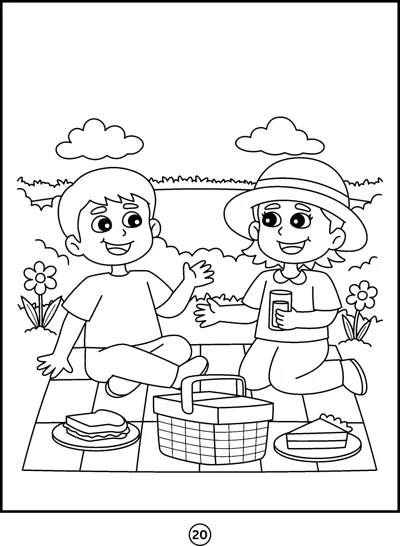 Two children sit on a picnic blanket with a basket and sandwiches.