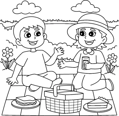 Two children sit on a picnic blanket with a basket and sandwiches.