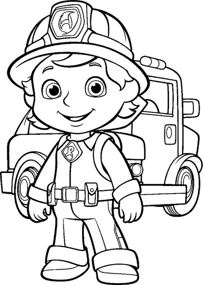 A boy in a firefighter helmet and uniform stands in front of a fire truck.