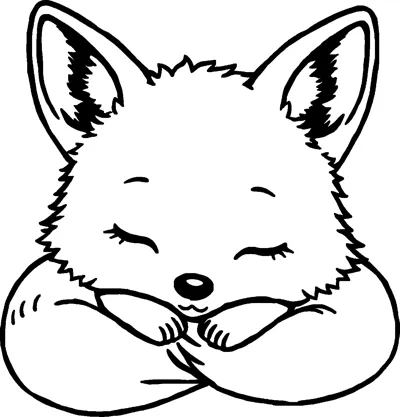 A fluffy baby fox with closed eyes resting its head on crossed paws with its tail curled around.