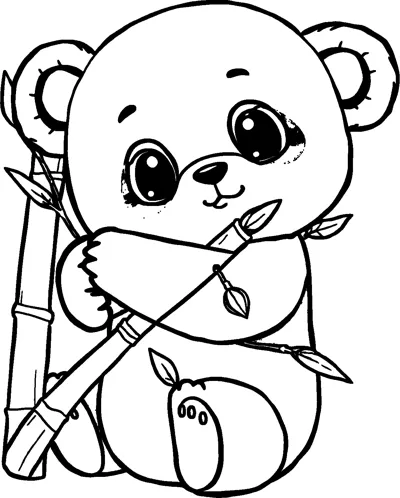 A sitting baby panda with big shiny eyes hugging a leafy bamboo stalk while another stalk stands beside it.