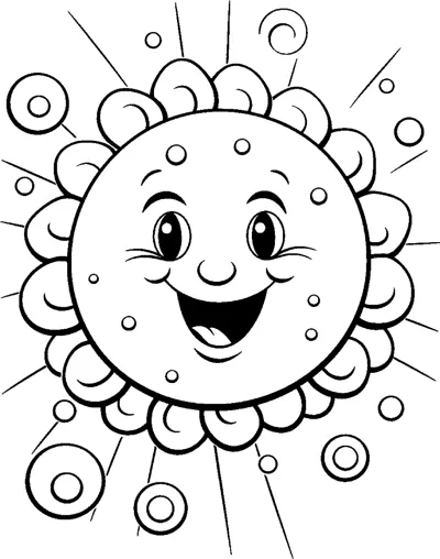 A round smiling sun with a scalloped edge sends out rays among bubbles and circles.