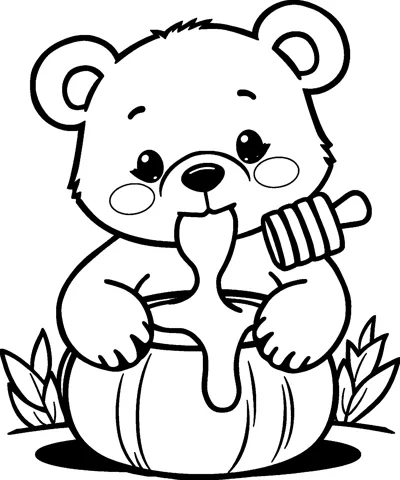 A bear cub sitting on a honey pot, holding a honey dipper with honey dripping from its mouth.