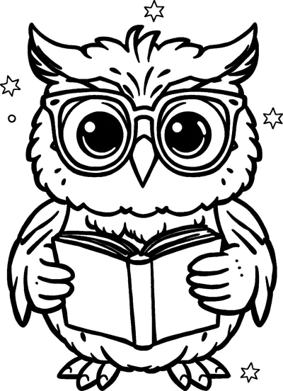 A fluffy owl wearing round glasses holding an open book in its wings, with small stars around it.