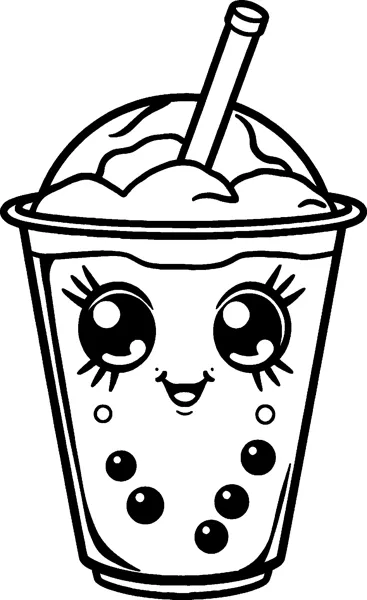 A bubble tea cup with a domed lid, a tall straw, huge lashed eyes and round tapioca pearls inside.