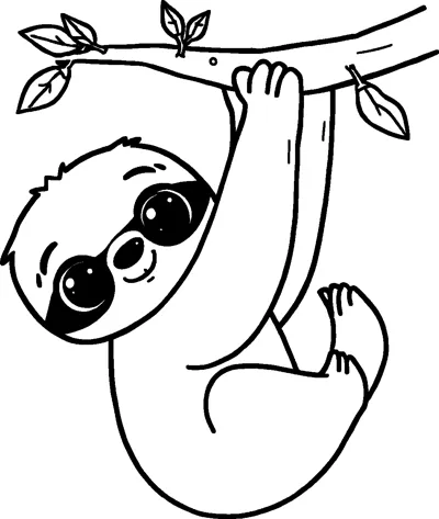 A sloth with huge shiny eyes hanging by one arm from a branch with small leaves.