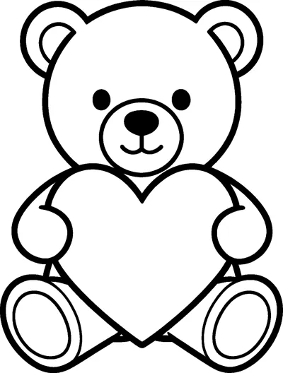 A smiling teddy bear sits on the floor and hugs a big heart close to its round tummy.