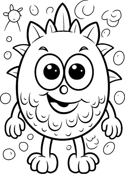 A round, bumpy-skinned monster with huge eyes stands with short arms among bubbles.