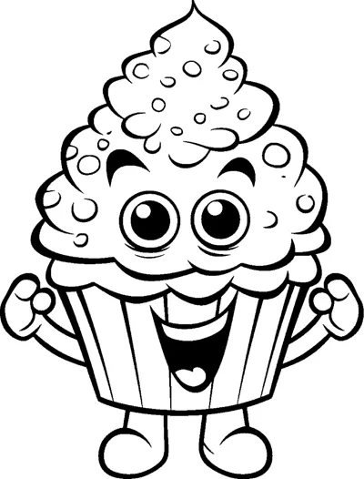 A cupcake character with swirl frosting, big eyes and raised arms stands on short legs.