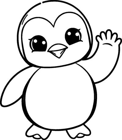 A round baby penguin with big eyes and rosy cheeks raising one flipper in a friendly wave.
