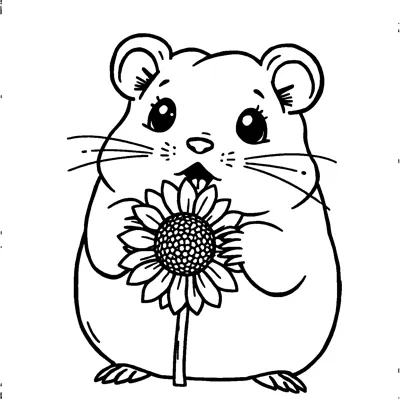 A chubby hamster with long whiskers holding a sunflower with a dotted center close to its open mouth.