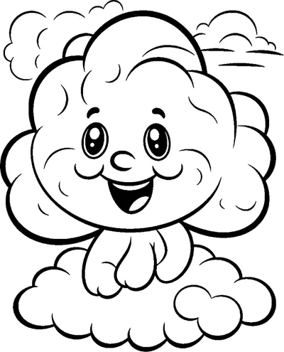 A fluffy cloud character with a smiling face sits on a smaller cloud.
