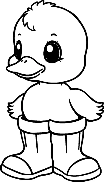 A fluffy duckling with a big beak and small wings standing in a pair of tall rain boots.