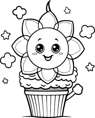 A cupcake topped with a flower whose center is a smiling face, with small flowers and stars around.
