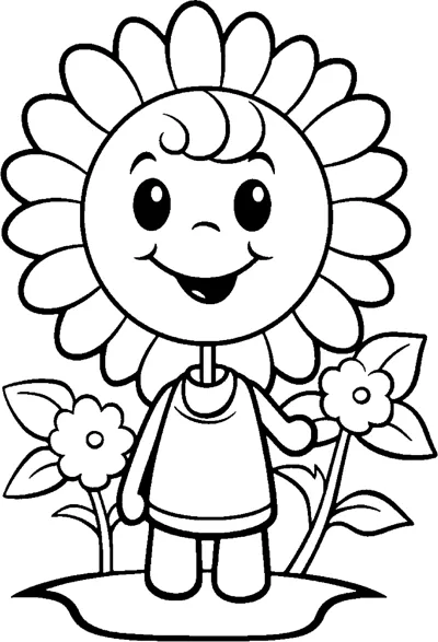 A child with a flower-petal head and simple body stands between two small flowers.