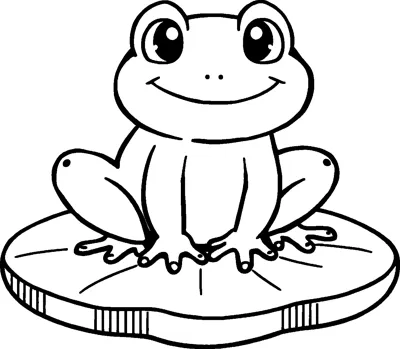 A wide-smiling frog with big round eyes sitting with its toes spread on a thick lily pad.