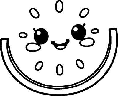 A half-moon watermelon slice with a thin rind, oval seeds and a cheerful open smile.