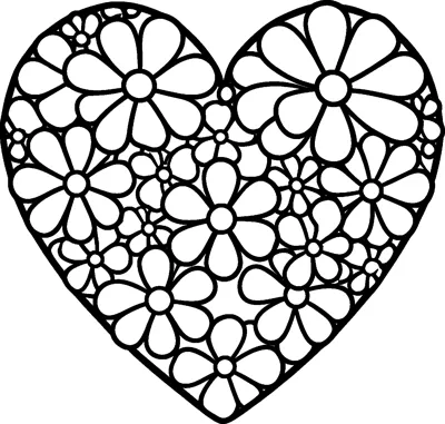 A large heart outline packed with big and small five-petal flowers that fill every part of the shape.