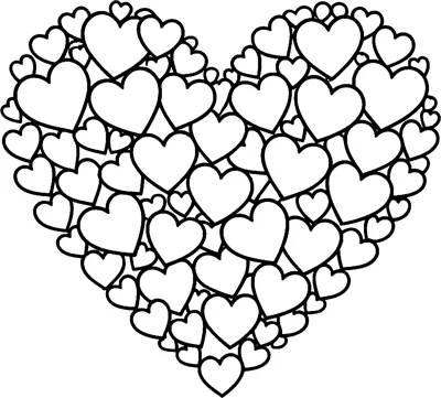 A large heart shape built entirely from dozens of smaller hearts of different sizes fitted closely together.