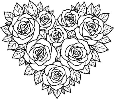 A heart shape formed from blooming roses of different sizes surrounded by veined leaves around the edge.