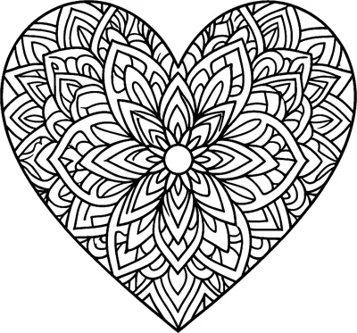 A heart outline filled with a detailed mandala of layered petals spreading out from a round centre.
