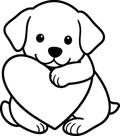 A floppy-eared puppy sits on the floor and wraps its paw around a big soft heart-shaped pillow.