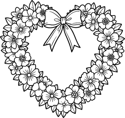 A heart-shaped wreath made of flowers and leaves with a large ribbon bow hanging at the top.