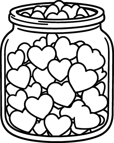 A glass jar with a wide rim, filled to the top with lots of little overlapping hearts.