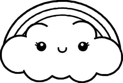 A puffy cloud with a tiny smile and rosy cheeks sitting in front of a three-band rainbow.