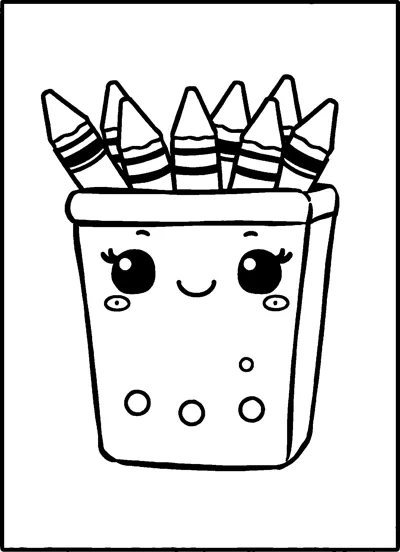 A smiling crayon holder with dots on its front, filled with seven striped crayons, inside a frame.