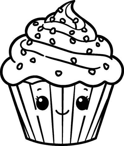 A smiling cupcake with a striped paper liner and a tall swirl of frosting dotted with sprinkles.