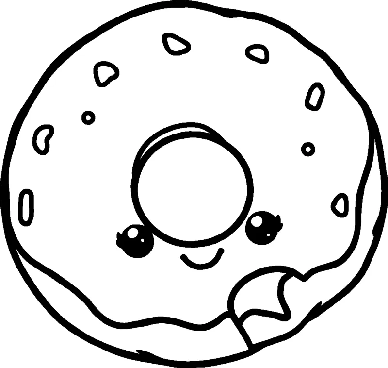A round frosted donut with sprinkles, a small smiling face and a bite taken out of one side.