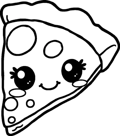 A smiling pizza slice with round pepperoni pieces, big lashed eyes and a thick crust edge.