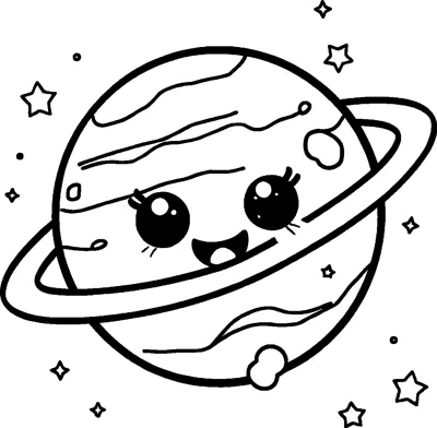 A smiling ringed planet with craters and swirly stripes, surrounded by small stars and dots.