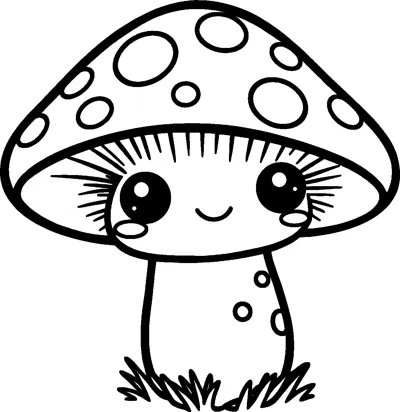 A mushroom with a spotted cap, a smiling face under the gills and a stem standing in grass.
