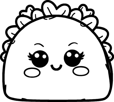 A rounded taco shell with big sparkly eyes, rosy cheeks and wavy lettuce peeking out the top.
