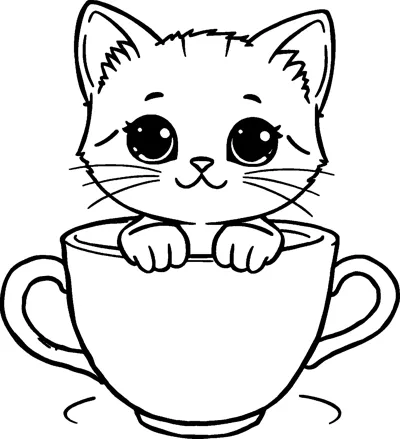 A fluffy kitten with big round eyes resting its paws on the rim of a large two-handled cup.