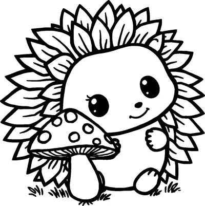 A smiling hedgehog with leaf-shaped spines sitting on grass next to a spotted toadstool.