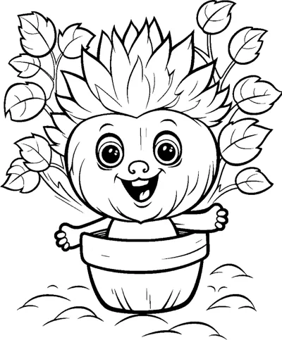 A cute creature with leafy hair sits in a flower pot with leaves sprouting around it.