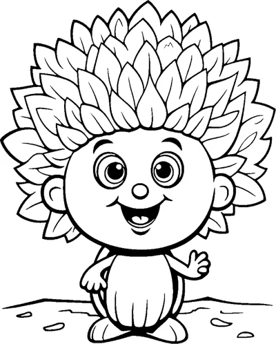A round-bodied creature with a head of layered leaves and big eyes waves one arm.