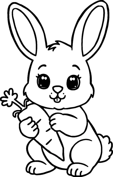 A sitting bunny with tall ears and big eyes holding a large carrot with leafy tops in its paws.