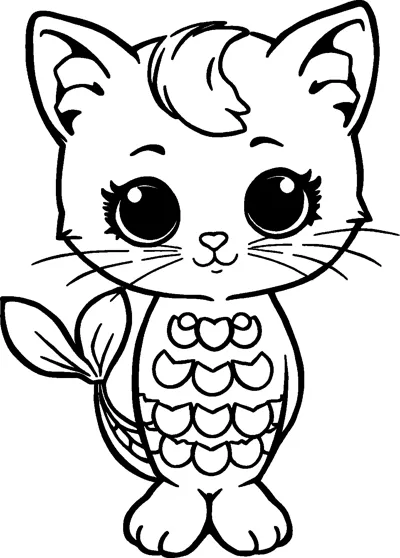 A big-eyed kitten with a curl of fur on its head, a scaly body and a fish tail fin.