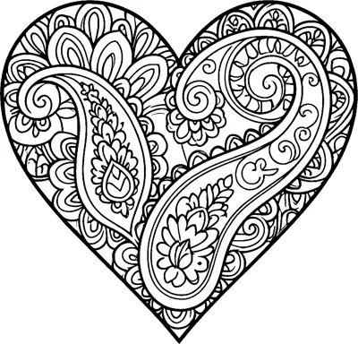 A heart filled with two large paisley shapes, curling swirls and little flowers in a detailed pattern.