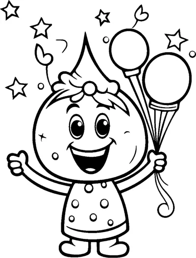 A round-headed creature in a party hat waves and holds balloons with stars around it.