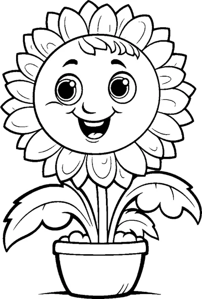 A smiling sunflower with a tuft of hair grows in a pot with wide leaves, stars around it.
