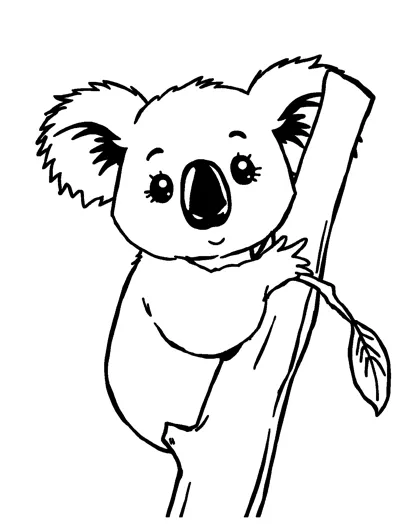 A koala with fluffy ears and a big black nose clinging to a tall tree beside one leaf.