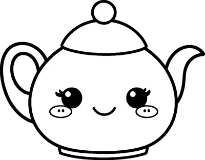 A round teapot with a knobbed lid, curved spout, loop handle and a sweet smiling face.