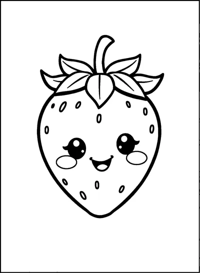 A strawberry with a big open smile, rosy cheeks, tiny seeds and a crown of leaves inside a thin frame.